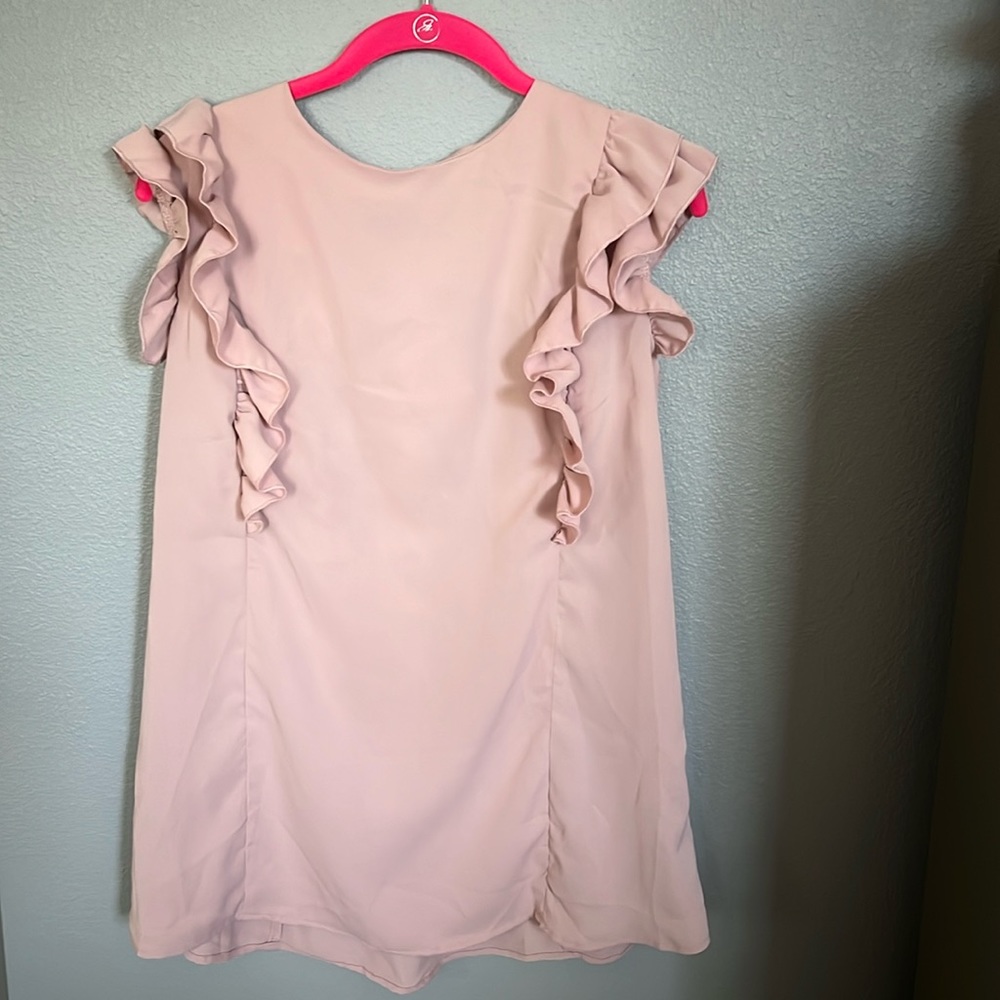 Dusty Pink Short Sleeve Blouse with Bow and Ruffles